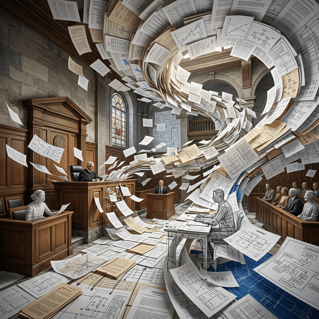 Courtroom with judge, lawyer, jury, and swirling legal papers in vortex formation
