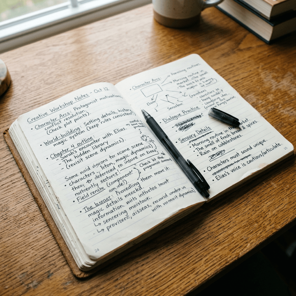 Open notebook with handwritten creative writing workshop notes and a black pen