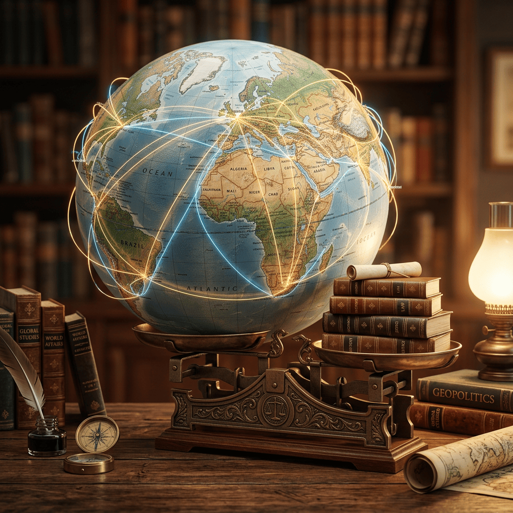 Antique globe showing continents with highlighted global connection lines
