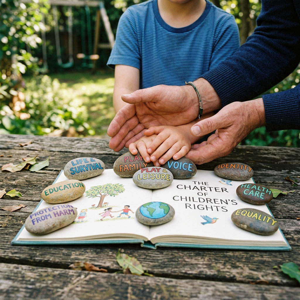 Child and adult hands over stones labeled with children's rights concepts on an open book titled The Charter of Children's Rights
