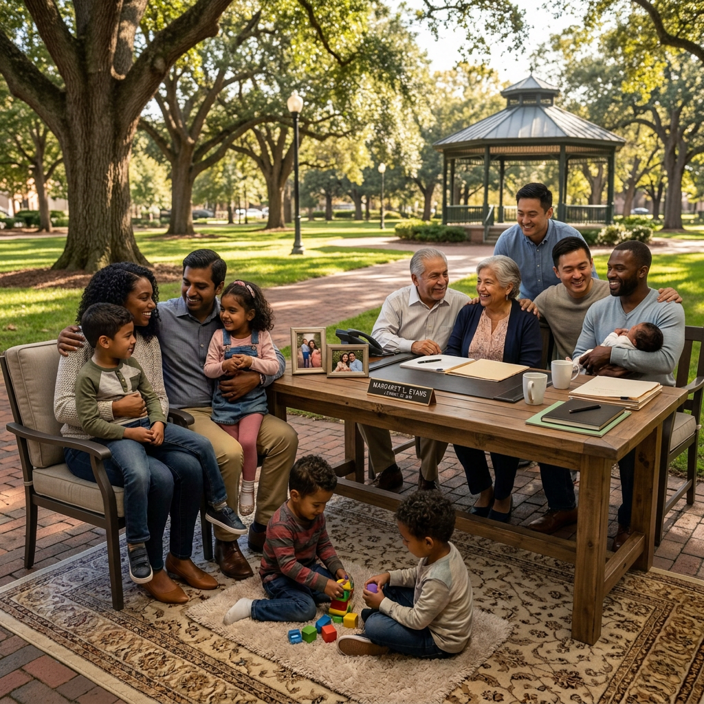 Multi-generational family in a lawyer's office with children playing and adults smiling
