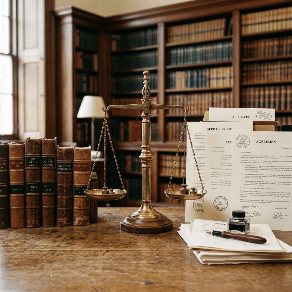 Brass balance scale surrounded by law books and legal documents on a wooden desk