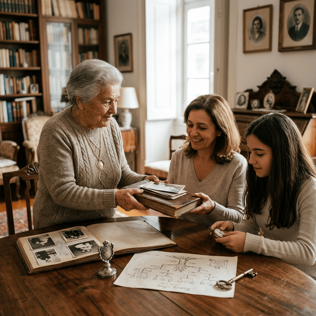 Three generations of women exploring old family photos and documents together