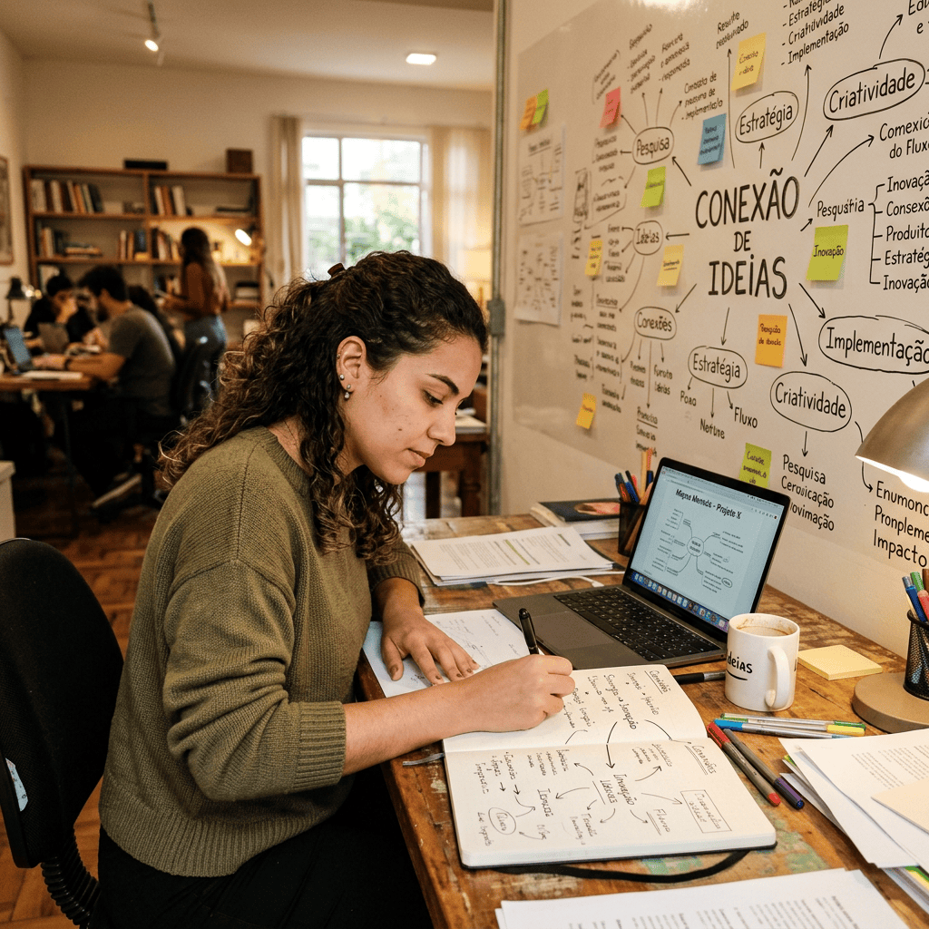 Woman writing an ideas map beside a laptop and wall labeled “CONEXÃO DE IDEIAS”