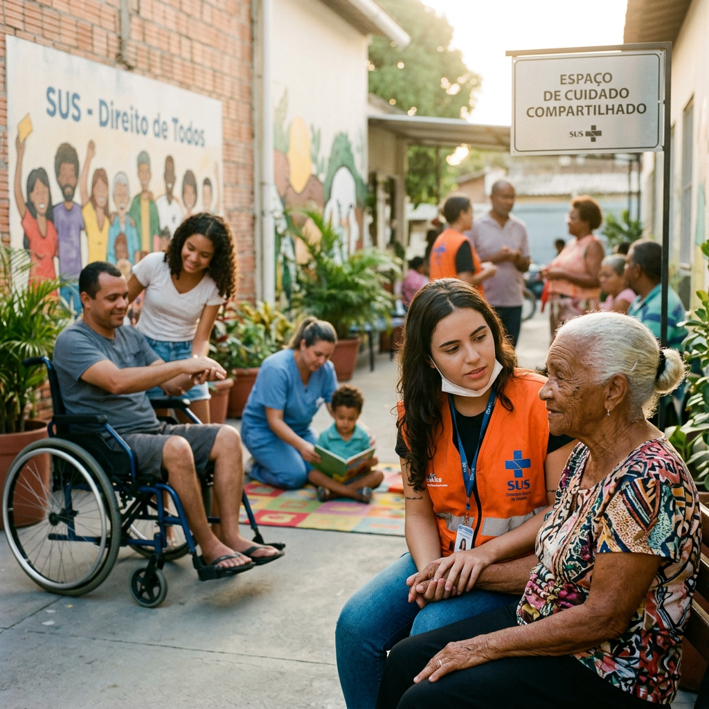 SUS - Direito de Todos; ESPAÇO DE CUIDADO COMPARTILHADO; SUS; health worker with older woman