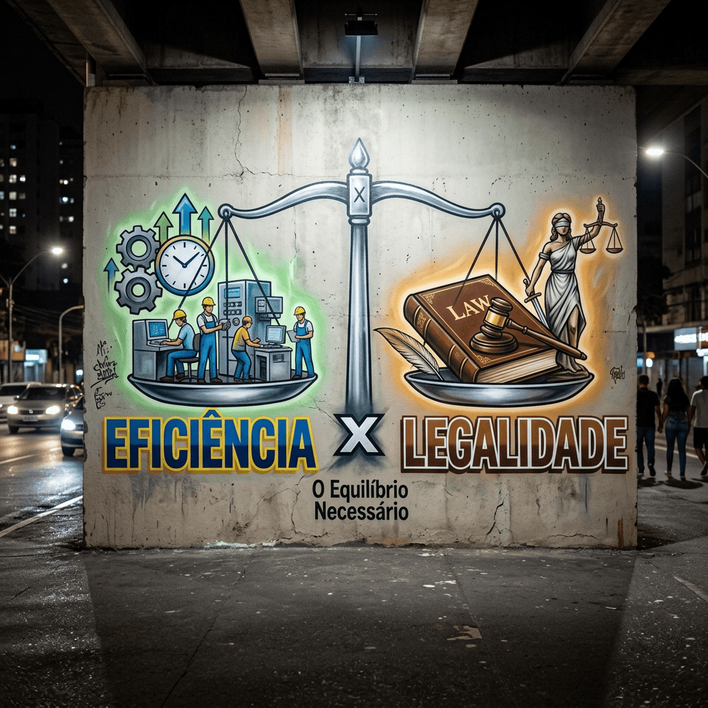 Mural com trabalhadores e engrenagens versus direito e justiça, com os textos “EFICIÊNCIA X LEGALIDADE”, “O Equilíbrio Necessário” e “LAW”.